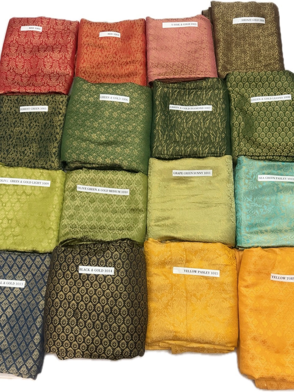 Assorted Brocade Wedding Dress Fabrics in Green, Gold, Yellow, Black, Pink, Red